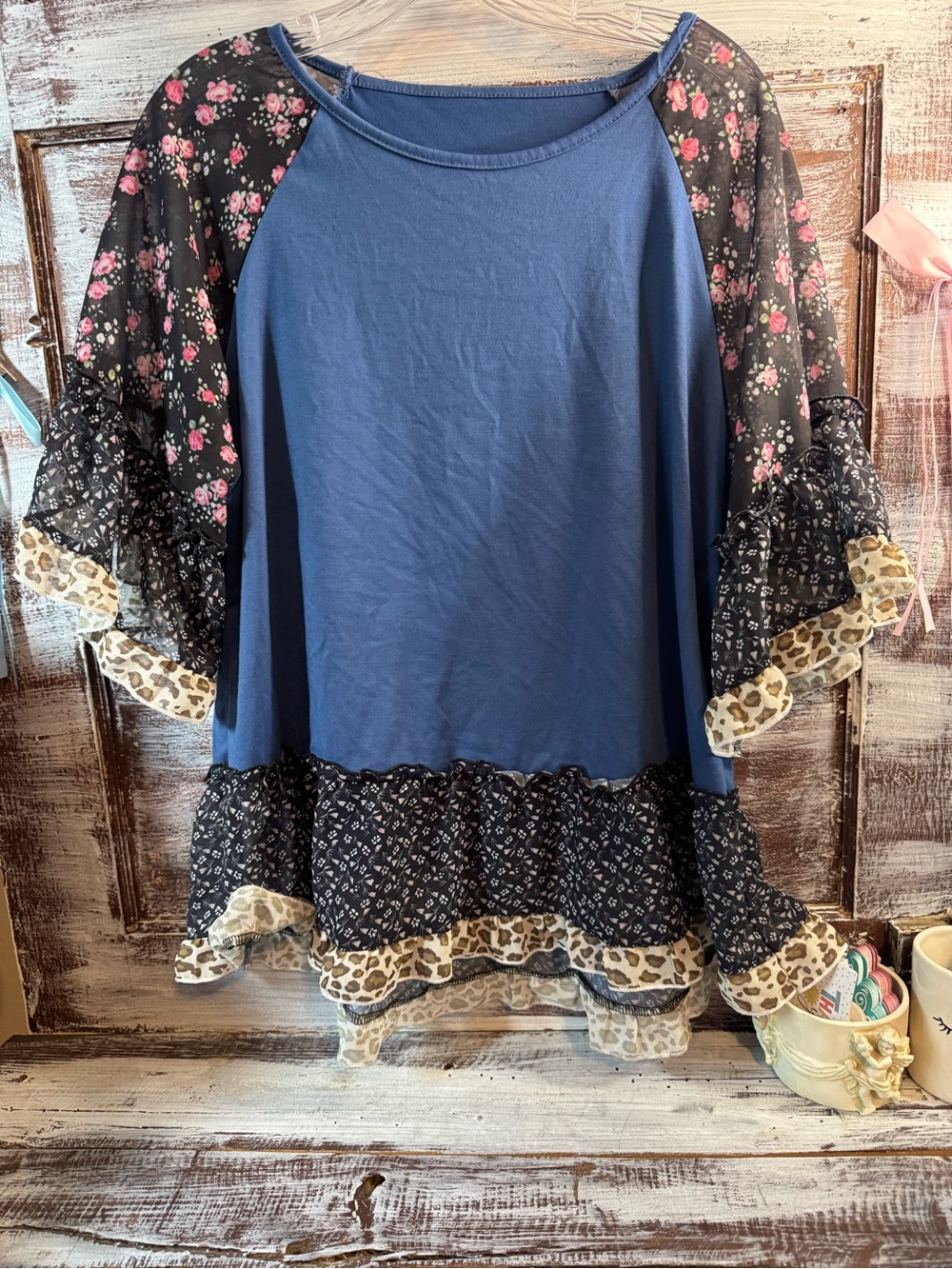Blue Mixed-Print Ruffle Sleeve Women's Top - Picture 2 of 5